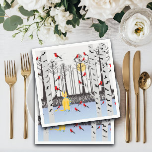 Winter Joy - Cat with scarf Birch Trees Cardinals Napkin
