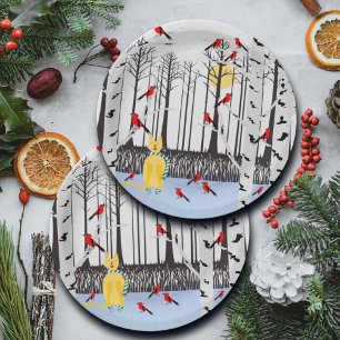 Winter Joy - Cat with scarf Birch Trees Cardinals Paper Plate