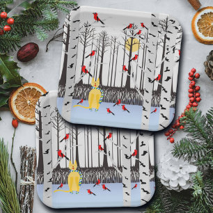 Winter Joy - Cat with scarf Birch Trees Cardinals Paper Plate