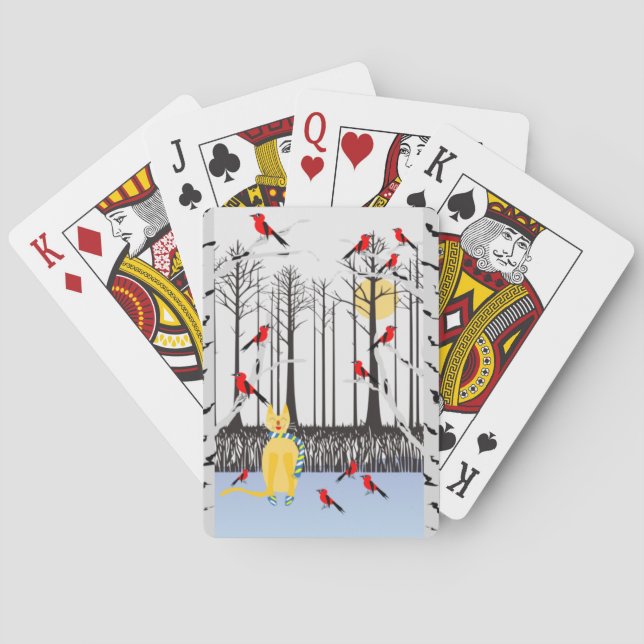 Winter Joy - Cat with scarf Birch Trees Cardinals Playing Cards (Back)