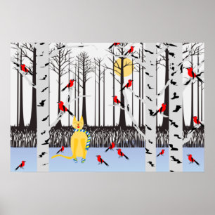 Winter Joy - Cat with scarf Birch Trees Cardinals Poster