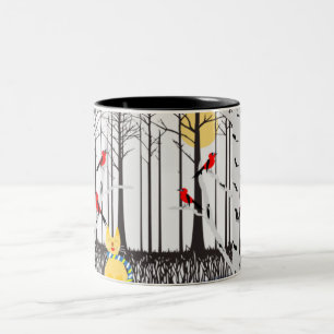 Winter Joy - Cat with scarf Birch Trees Cardinals Two-Tone Coffee Mug