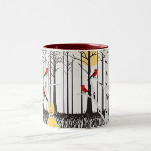 Winter Joy - Cat with scarf Birch Trees Cardinals Two-Tone Coffee Mug