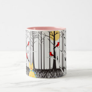Winter Joy - Cat with scarf Birch Trees Cardinals Two-Tone Coffee Mug
