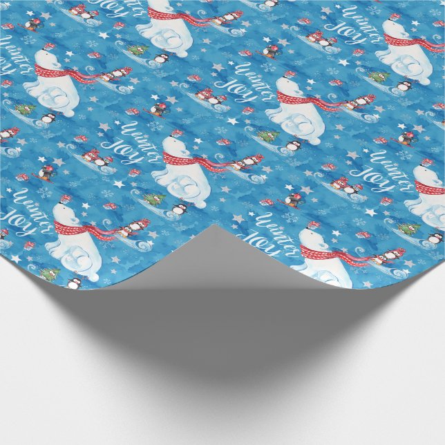 Winter Joy Polar Bears And Penguins Wrapping Paper (Corner)