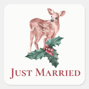 Winter Just Married Christmas Wedding Deer Floral Square Sticker