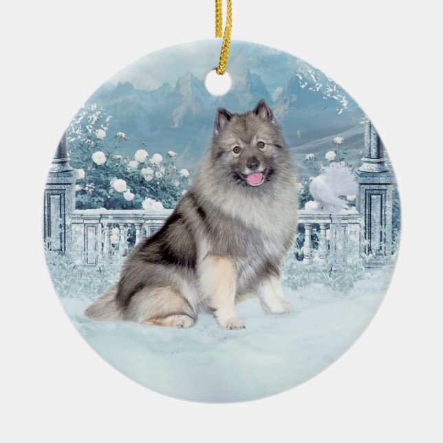 Winter Keeshond Christmas Ceramic Ornament (Front)
