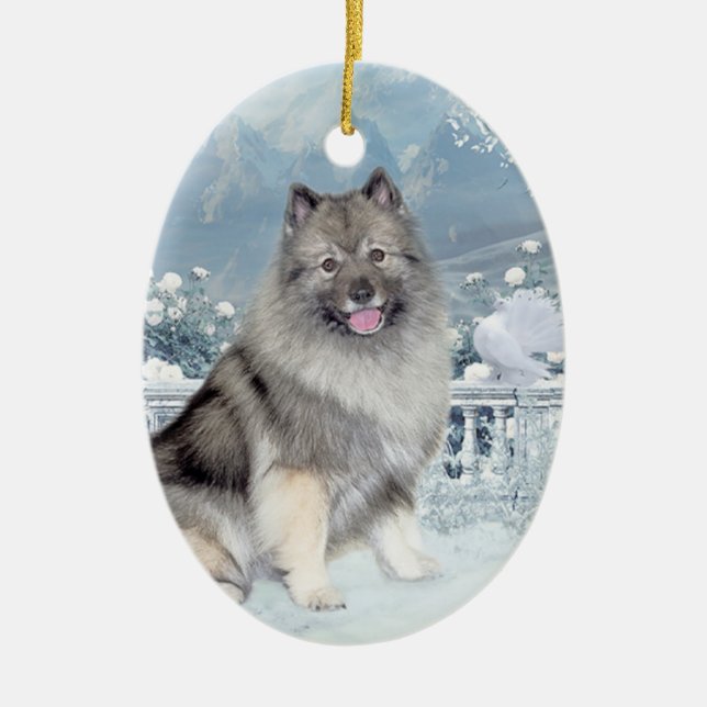 Winter Keeshond Christmas Ceramic Ornament (Front)
