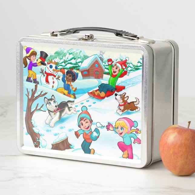 Winter Kids Metal Lunch Box (Illustration of a metal lunchbox with a cartoon scene of children playing in the snow!)