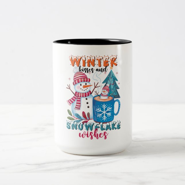Winter Kisses and Snowflake Wishes Two-Tone Coffee Mug (Center)