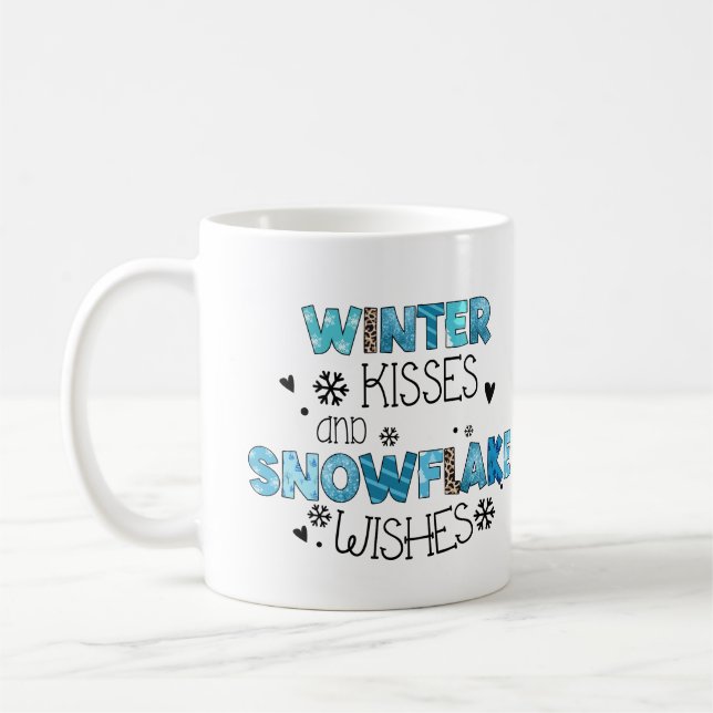 Winter Kisses and Snowflake Wishes Winter Holidays Coffee Mug (Left)
