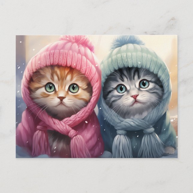 Winter Kittens in Knitted Hats Postcard (Front)