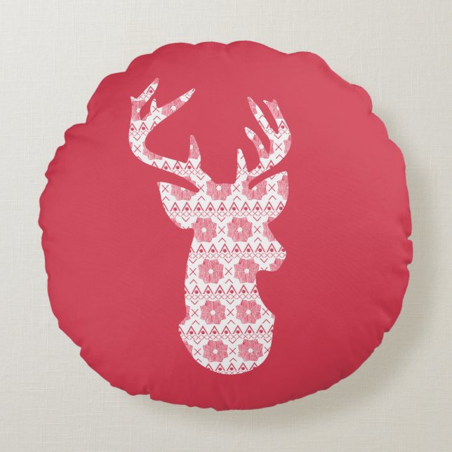 Winter Knit Christmas Reindeer Round Pillow (Front)