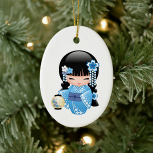 Winter Kokeshi Doll - Blue Kimono Geisha Girl Ceramic Ornament