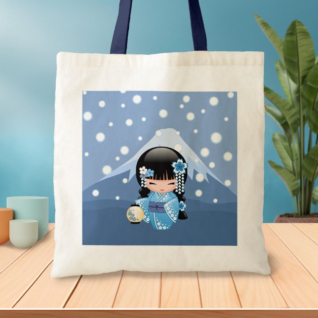 Winter Kokeshi Doll - Blue Kimono Geisha Girl Tote Bag (Creator Uploaded)