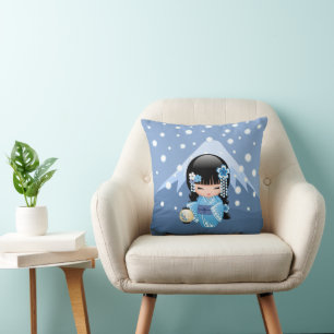 Winter Kokeshi Doll - Blue Mountain Geisha Girl Cushion