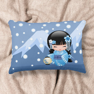 Winter Kokeshi Doll - Blue Mountain Geisha Girl Decorative Cushion