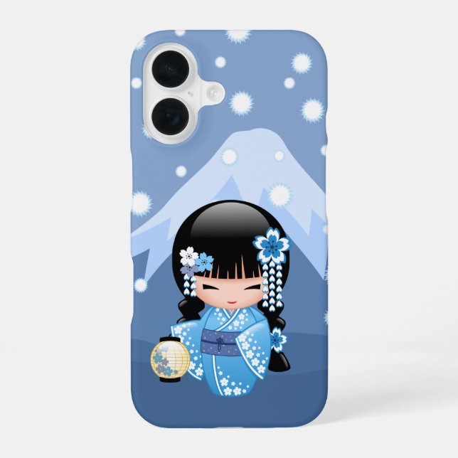 Winter Kokeshi Doll - Blue Mountain Geisha Girl iPhone 16 Case (Back)