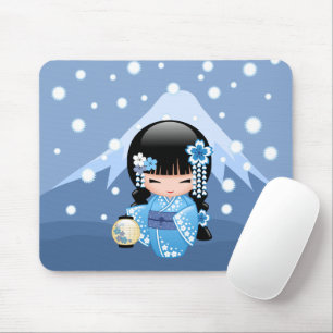 Winter Kokeshi Doll - Blue Mountain Geisha Girl Mouse Pad