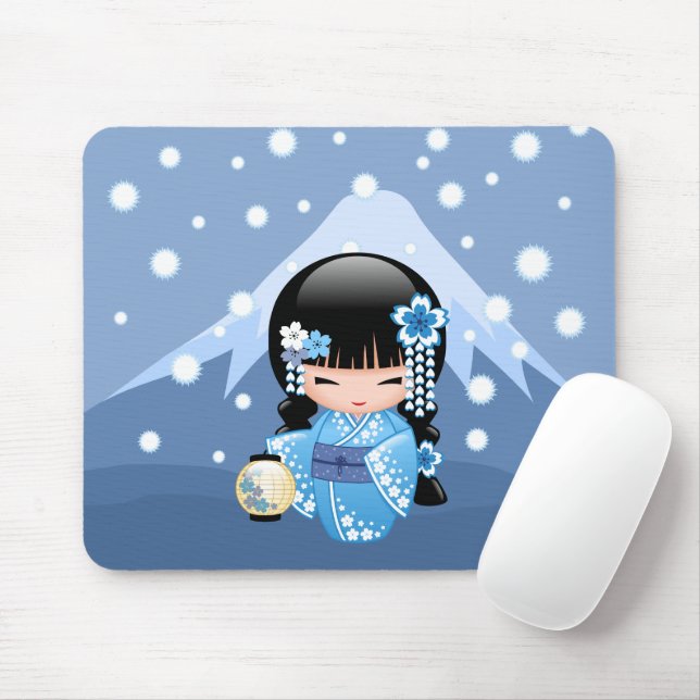 Winter Kokeshi Doll - Blue Mountain Geisha Girl Mouse Pad (With Mouse)