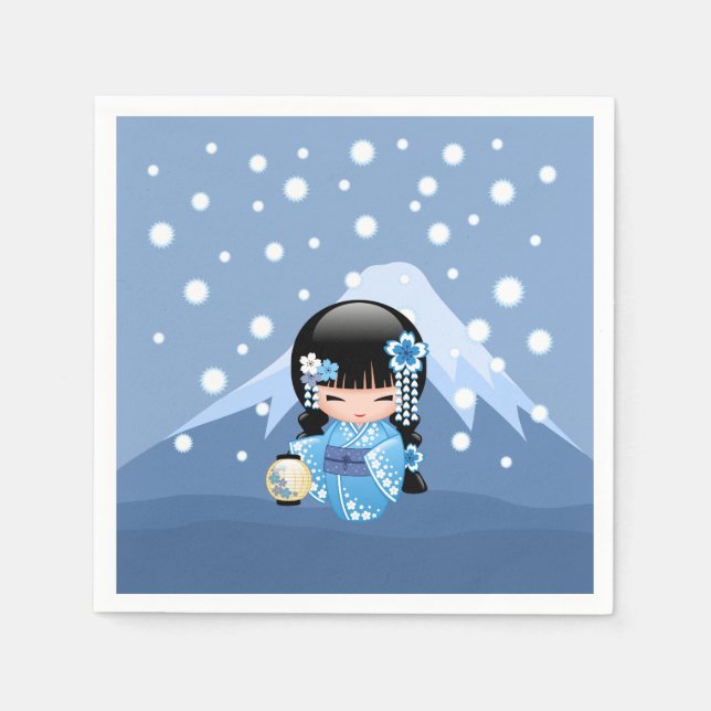 Winter Kokeshi Doll - Blue Mountain Geisha Girl Napkin (Front)