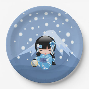 Winter Kokeshi Doll - Blue Mountain Geisha Girl Paper Plate