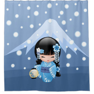 Winter Kokeshi Doll - Blue Mountain Geisha Girl Shower Curtain