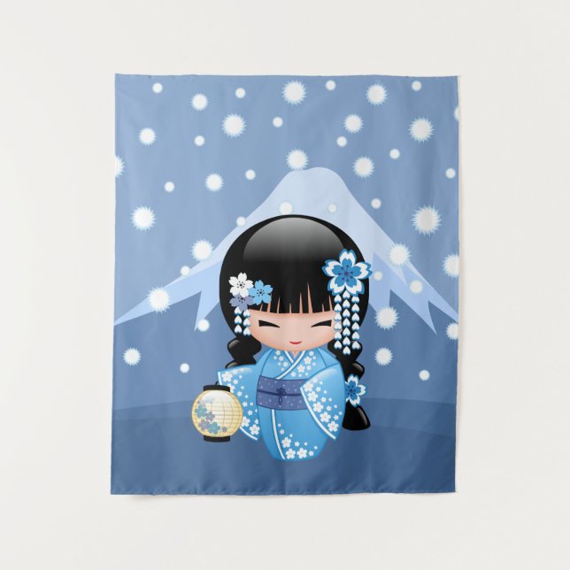 Winter Kokeshi Doll - Blue Mountain Geisha Girl Tapestry (Front)