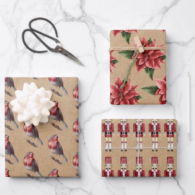 Winter Kraft Robin Nutcracker Poinsettia Wrapping Paper Sheet (Front)
