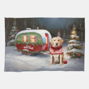 Winter Labrador Caravan Christmas Adventure Tea Towel