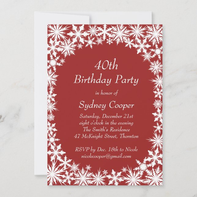 Winter Lace 40th Birthday Party Invitation - red (Front)