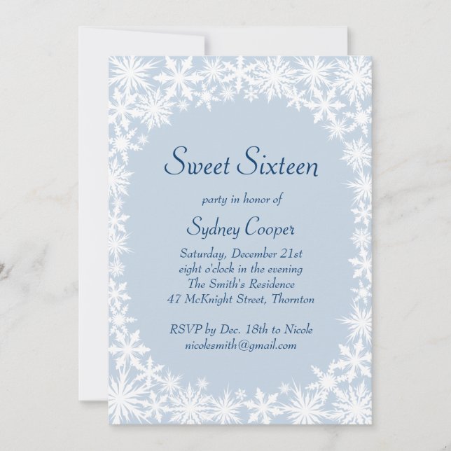 Winter Lace Icy Blue Sweet Sixteen Invitation (Front)