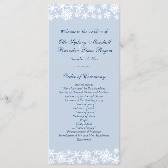 Winter Lace on Icy Blue Wedding Program (Front)
