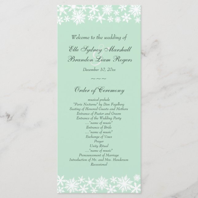 Winter Lace on Mint Wedding Program (Front)