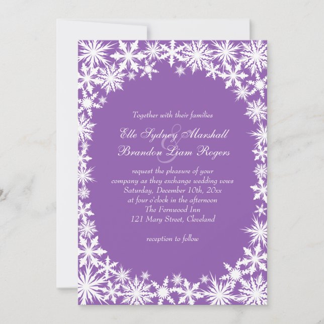 Winter Lace on Purple Wedding Invitation (Front)