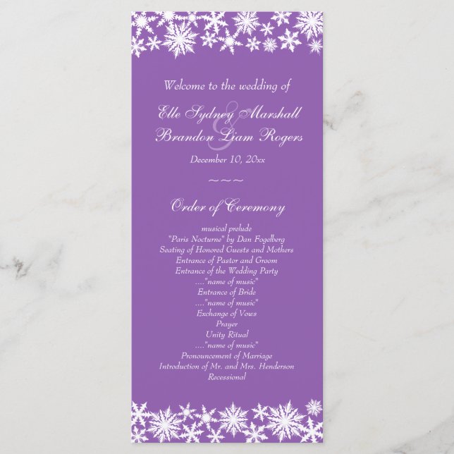 Winter Lace on Purple Wedding Program (Front)