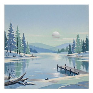 Winter Lake Forest Mountain Landscape Blue Scene Poster