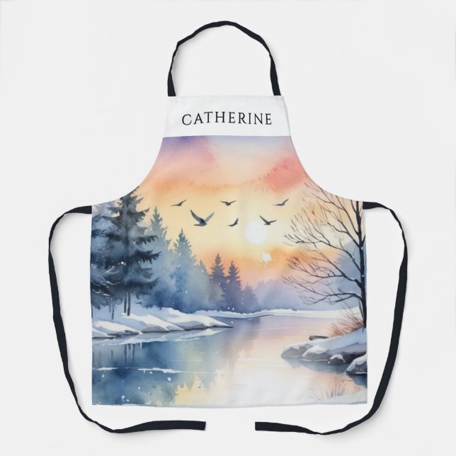 Winter Lake Snow Seasonal Personalised Kitchen Apron (Front)