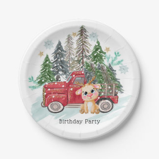 Winter land Truck and Baby Rudolph Birthday Party Paper Plate