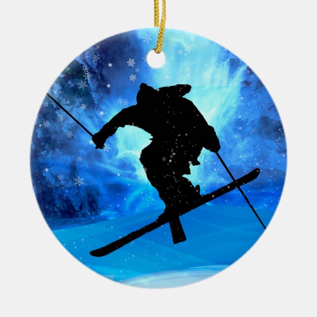Winter Landscape and Freestyle Skier Ceramic Tree Decoration (Front)