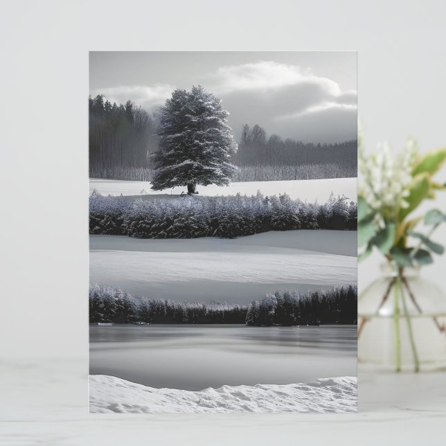 Winter landscape and tree, black and white - art invitation (Standing Front)