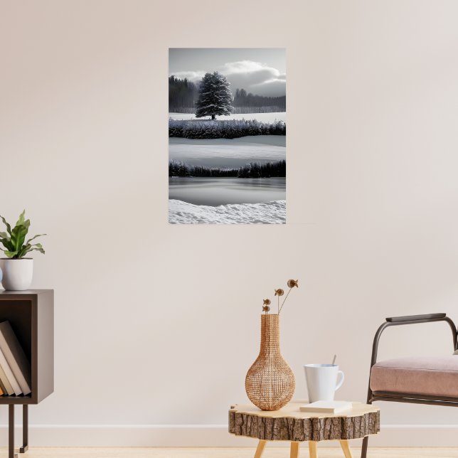 Winter landscape and tree, black and white - art poster (Living Room 3)