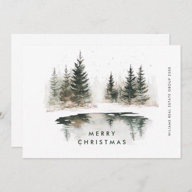 Winter Landscape Christmas Pine Tree Corporate Holiday Card (Front/Back)