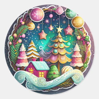 Winter Landscape Christmas Wreath Classic Round Sticker