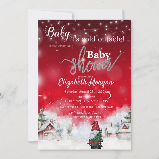 Winter Landscape Cute Gnome Red  Invitation (Front)