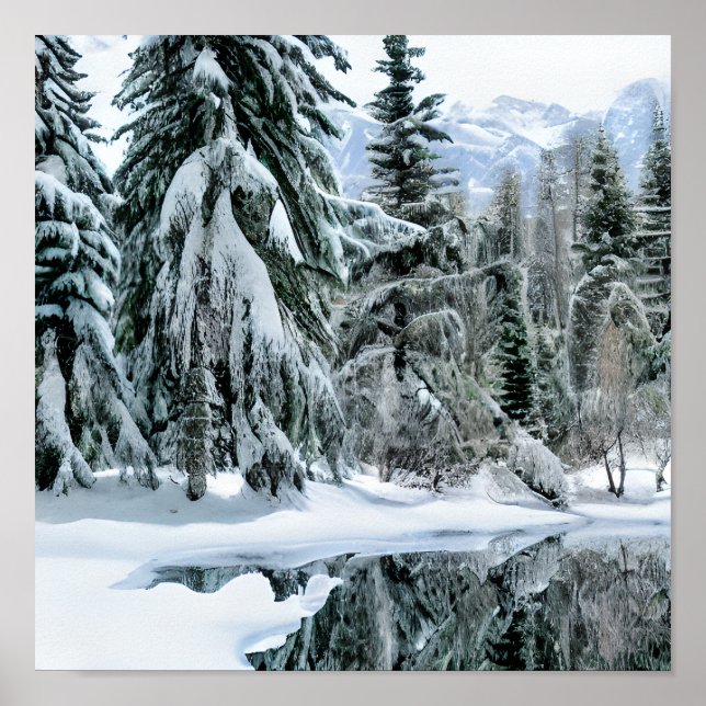 Winter Landscape Evergreen Trees Snow Mountains Poster (Front)
