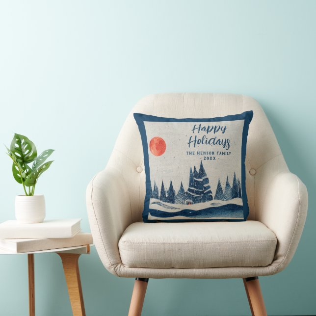 Winter Landscape Forest Moon Navy Blue Drawing  Cushion (Chair)