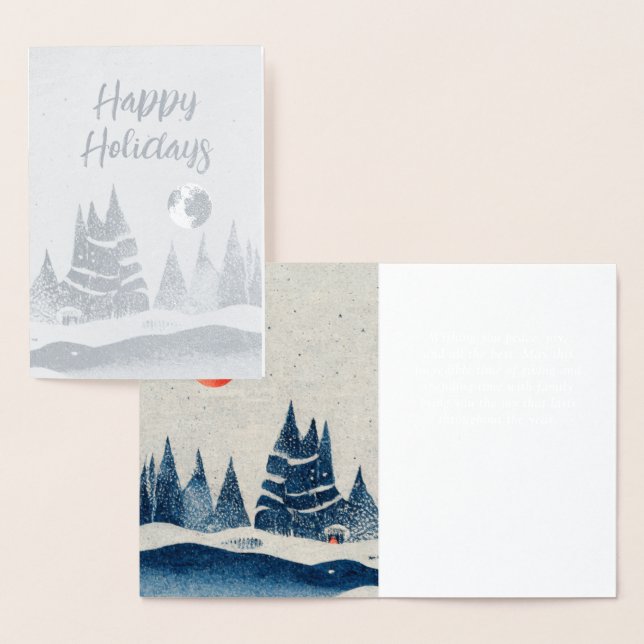Winter Landscape Forest Moon Navy Blue Drawing Foil Card (Display)