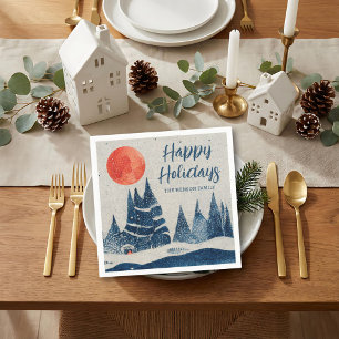 Winter Landscape Forest Moon Navy Blue Drawing  Napkin