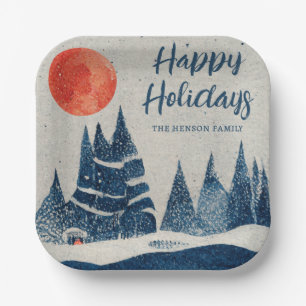 Winter Landscape Forest Moon Navy Blue Drawing Paper Plate